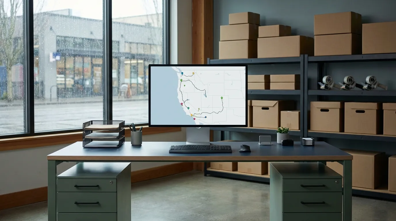 Professional moving crew loading furniture onto a moving truck in front of a Craftsman bungalow on a tree-lined Portland residential street, Portland, OR