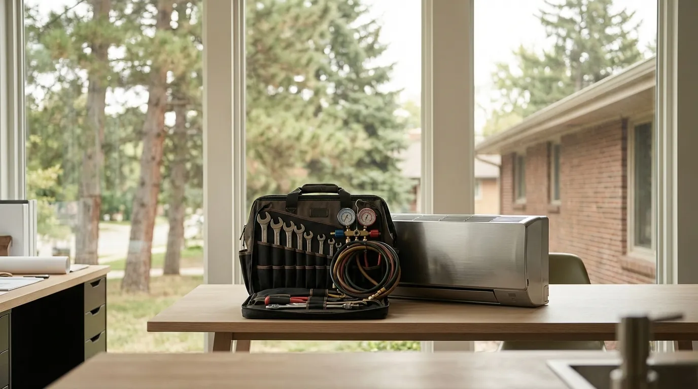 Professional HVAC technician servicing a residential split-system unit in Atlanta, GA suburban backyard with Georgia pine trees and brick home visible in background