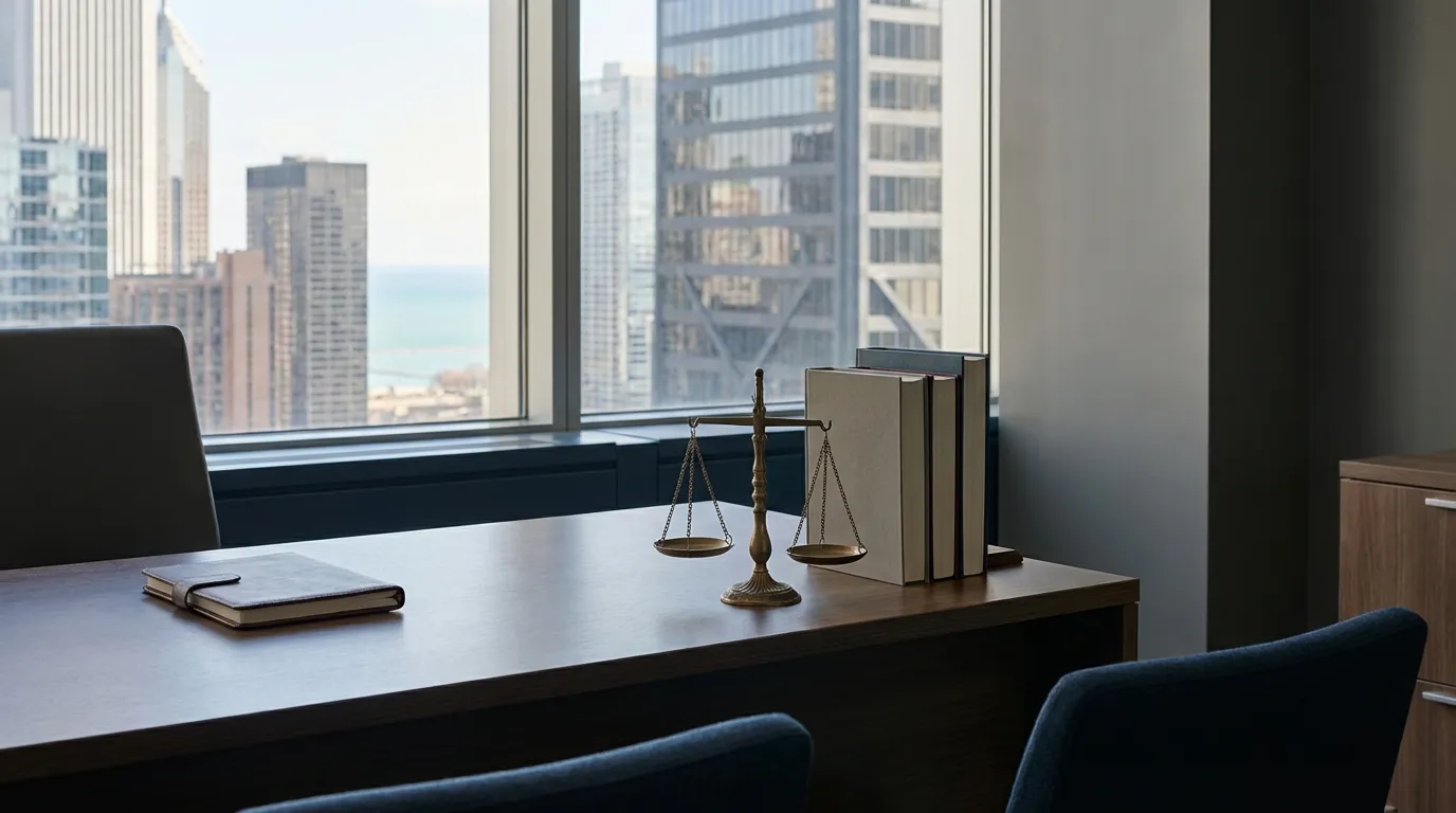 Professional law firm consultation room interior with Chicago skyline visible through window in Chicago, IL