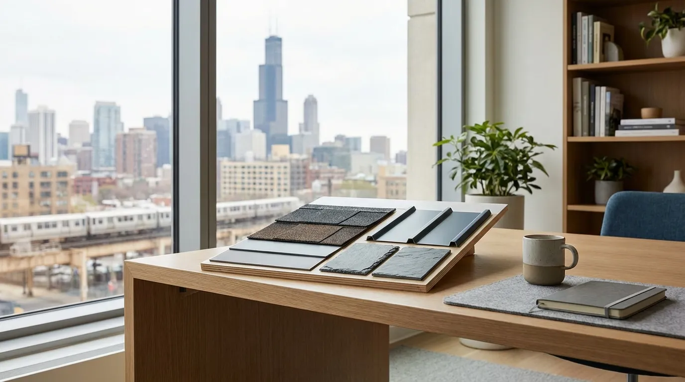 Professional roofing contractor estimate room with insurance claim forms and shingle samples in Chicago, IL