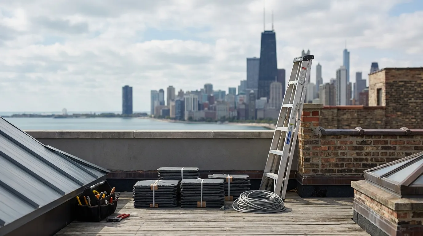 Roofing crew inspecting shingles on a residential home in Chicago