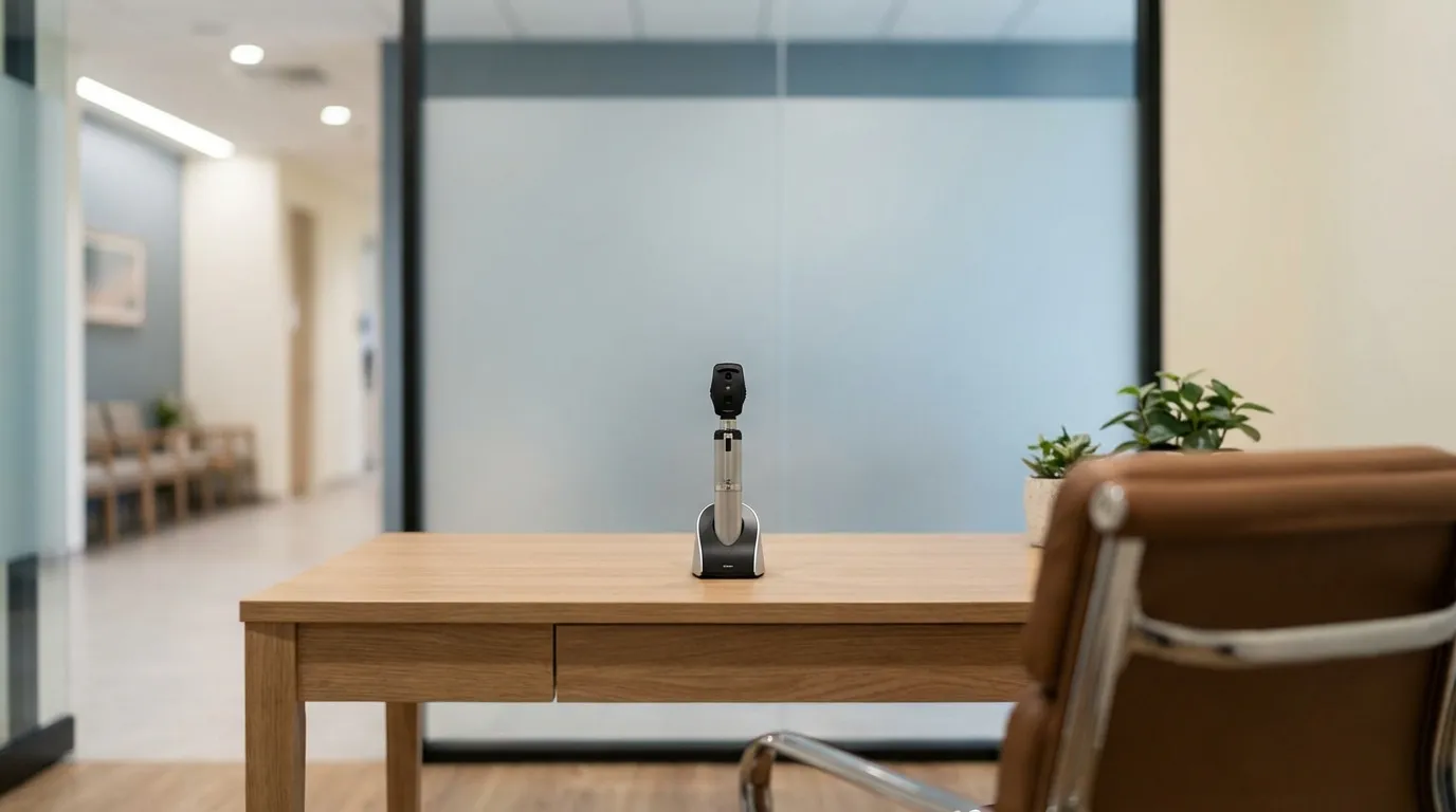 Professional independent medical clinic examination room interior with Chicago skyline in background in Chicago, IL