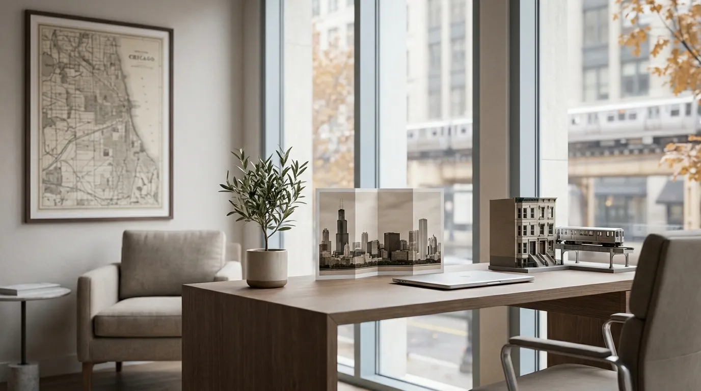 Modern open-concept Chicago condo interior with Lake Michigan view and neighborhood map for real estate agents in Chicago, IL