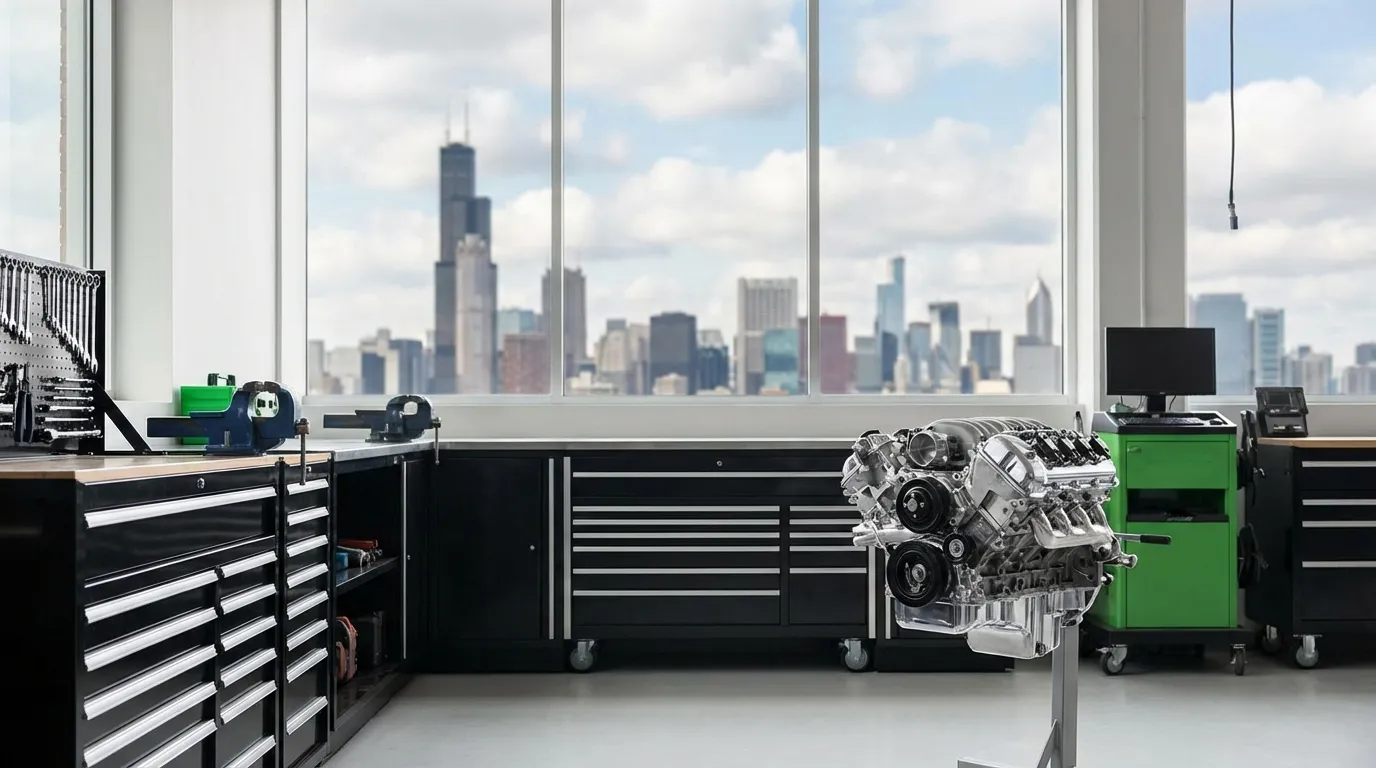 Auto mechanic working on a vehicle in a Chicago garage