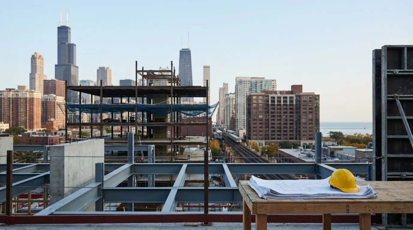 Construction contractor reviewing plans at a residential project in Chicago