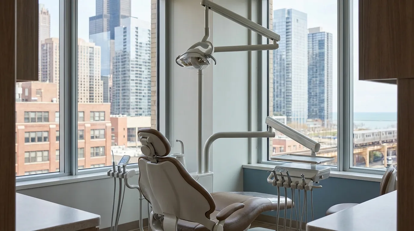 Dentist and hygienist with a patient in a modern Chicago dental office
