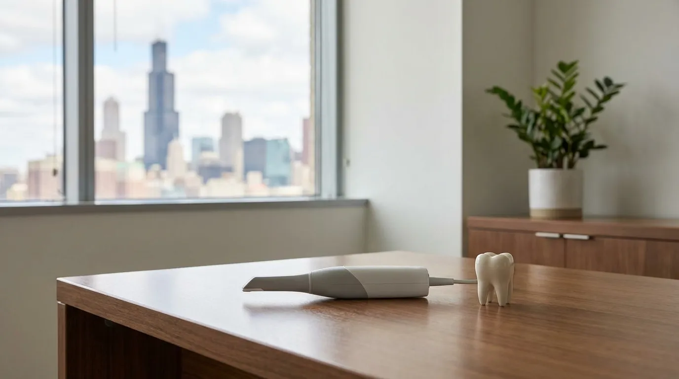 Modern dental operatory with state-of-the-art equipment and Chicago skyline photograph on wall in Chicago, IL