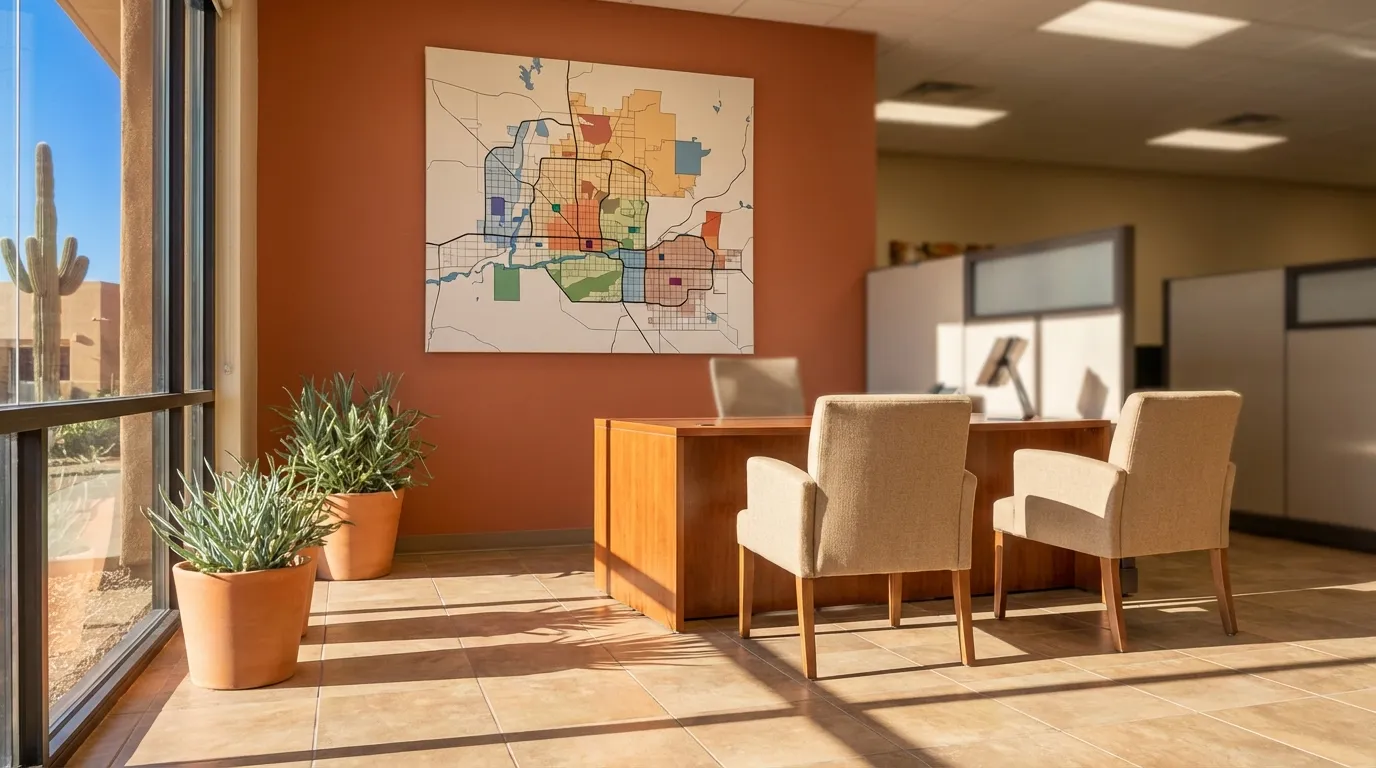 Professional HVAC service dispatch office with Phoenix metro service zone map and technician scheduling board