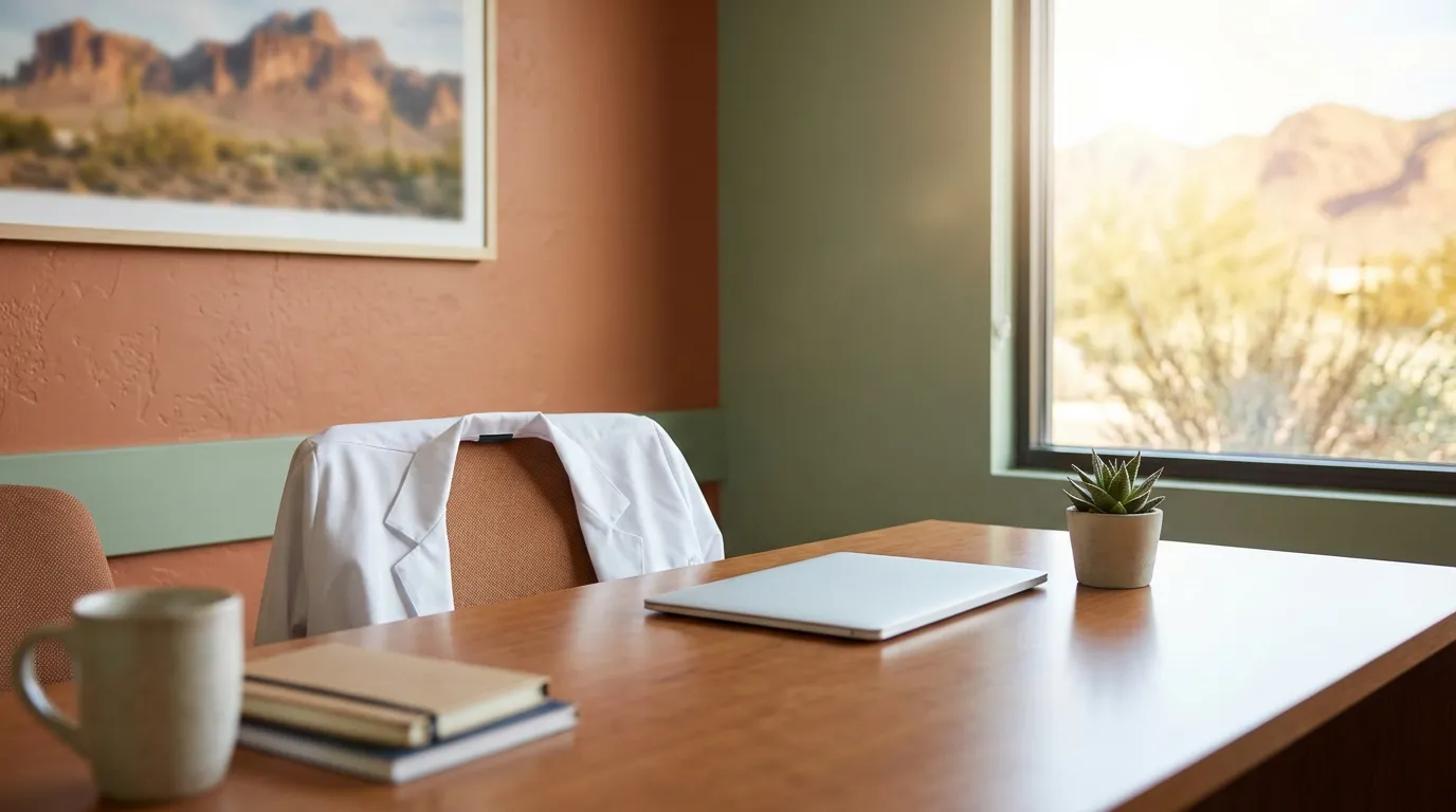 Modern independent medical practice consultation room with warm Arizona light and desert-toned decor in Phoenix, AZ