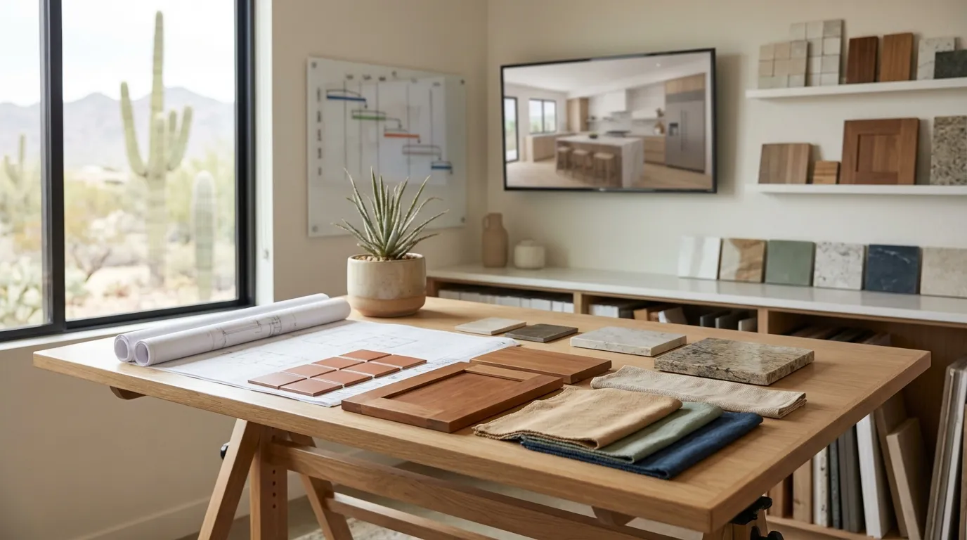 Phoenix general contractor's design studio with material samples and project plans on a consultation table