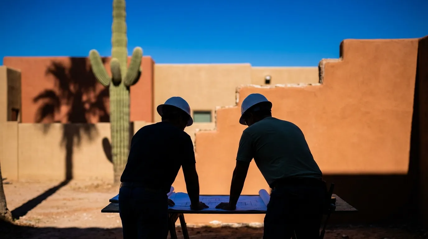 Construction contractor reviewing blueprints at a job site in Phoenix