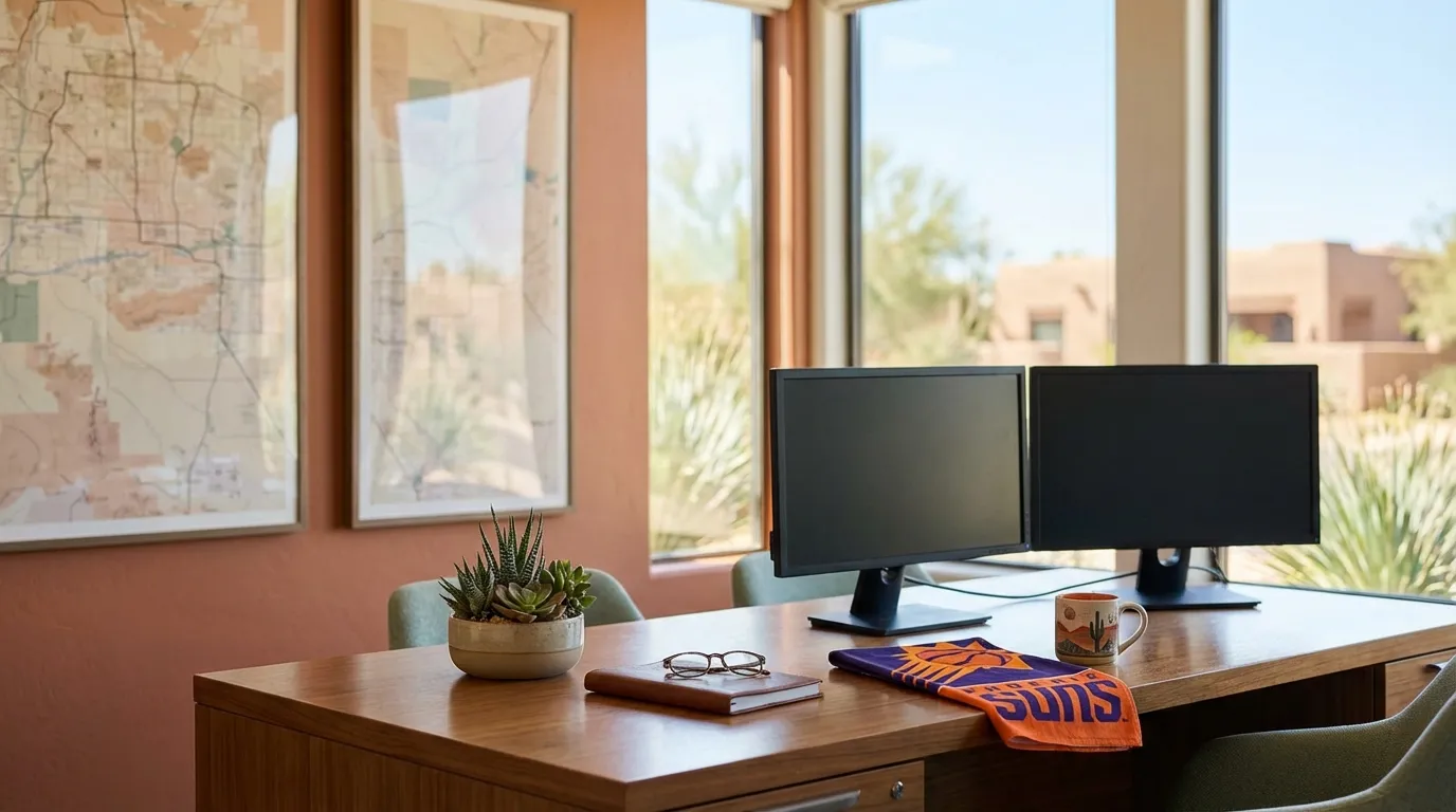 Newly listed stucco and tile-roof home at golden hour in a Phoenix residential neighborhood with desert landscaping and South Mountain in the background