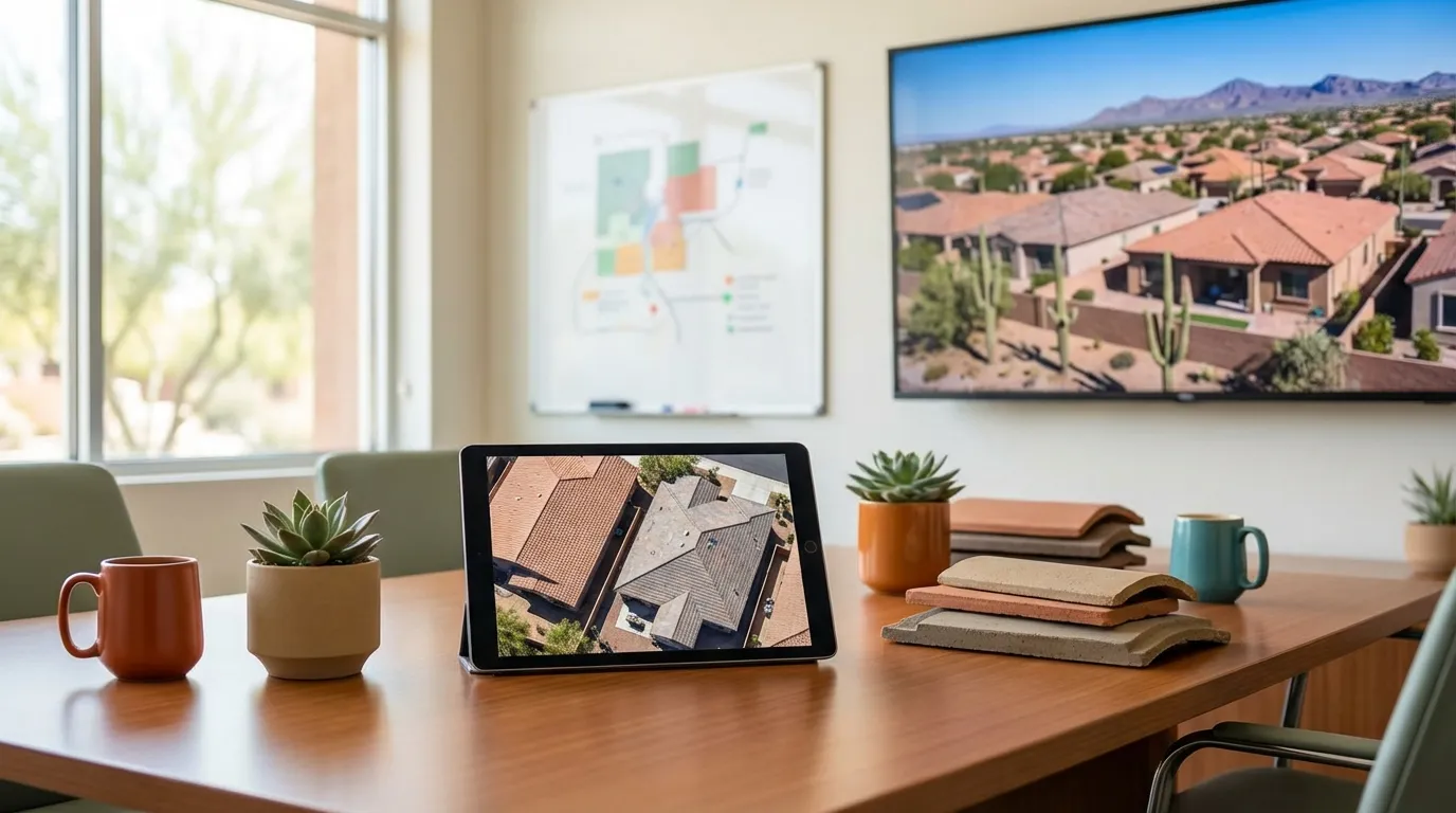 Professional roofing crew replacing clay tile on a southwest-style Phoenix home under bright desert midday sun with Sonoran mountain peaks visible in the background