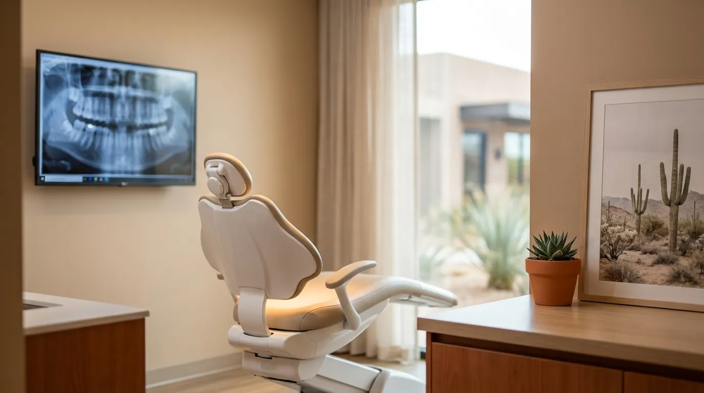 Modern independent Phoenix dental practice exterior at sunrise with desert landscaping and illuminated clinic signage against a clear Arizona sky