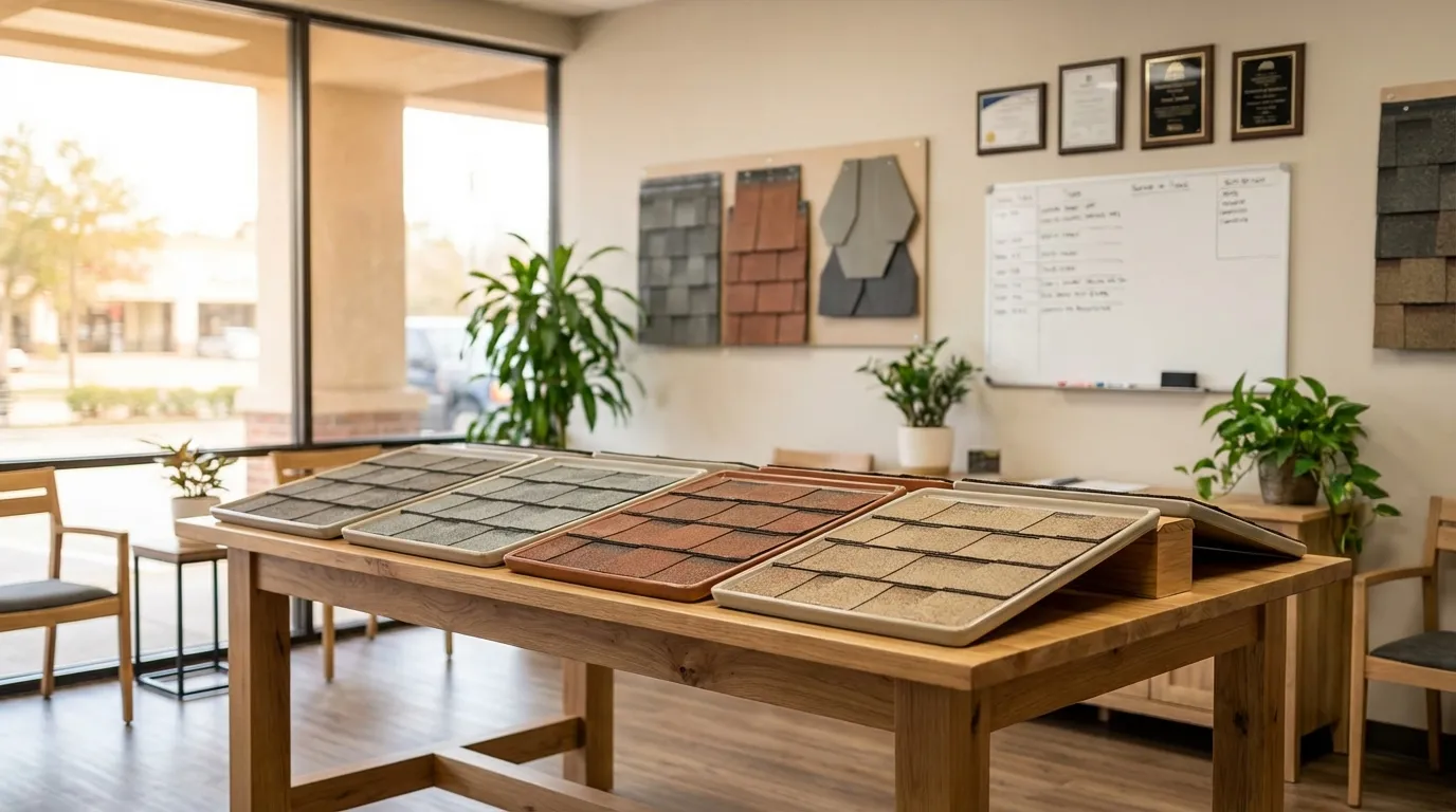 Professional roofing company showroom interior with shingle samples and manufacturer certifications in Houston, TX