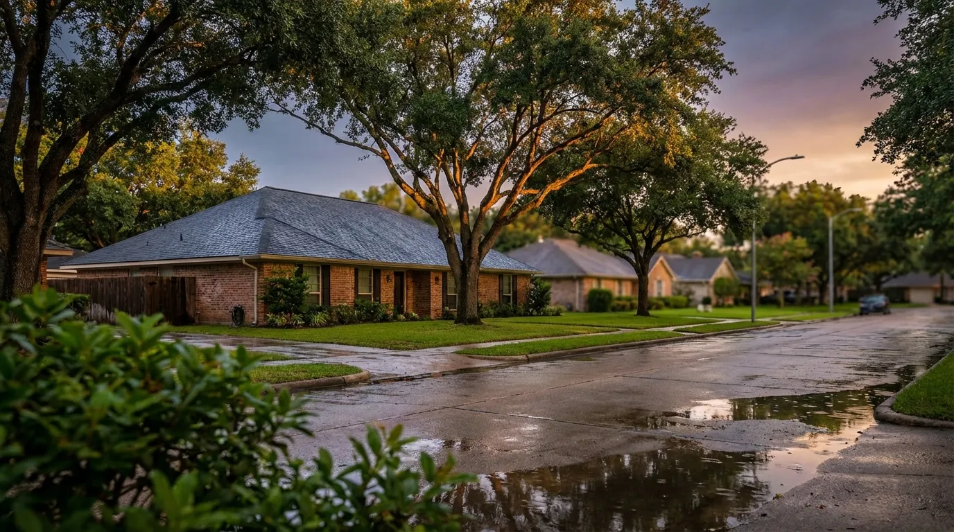 Roofing crew inspecting shingles on a residential home in Houston