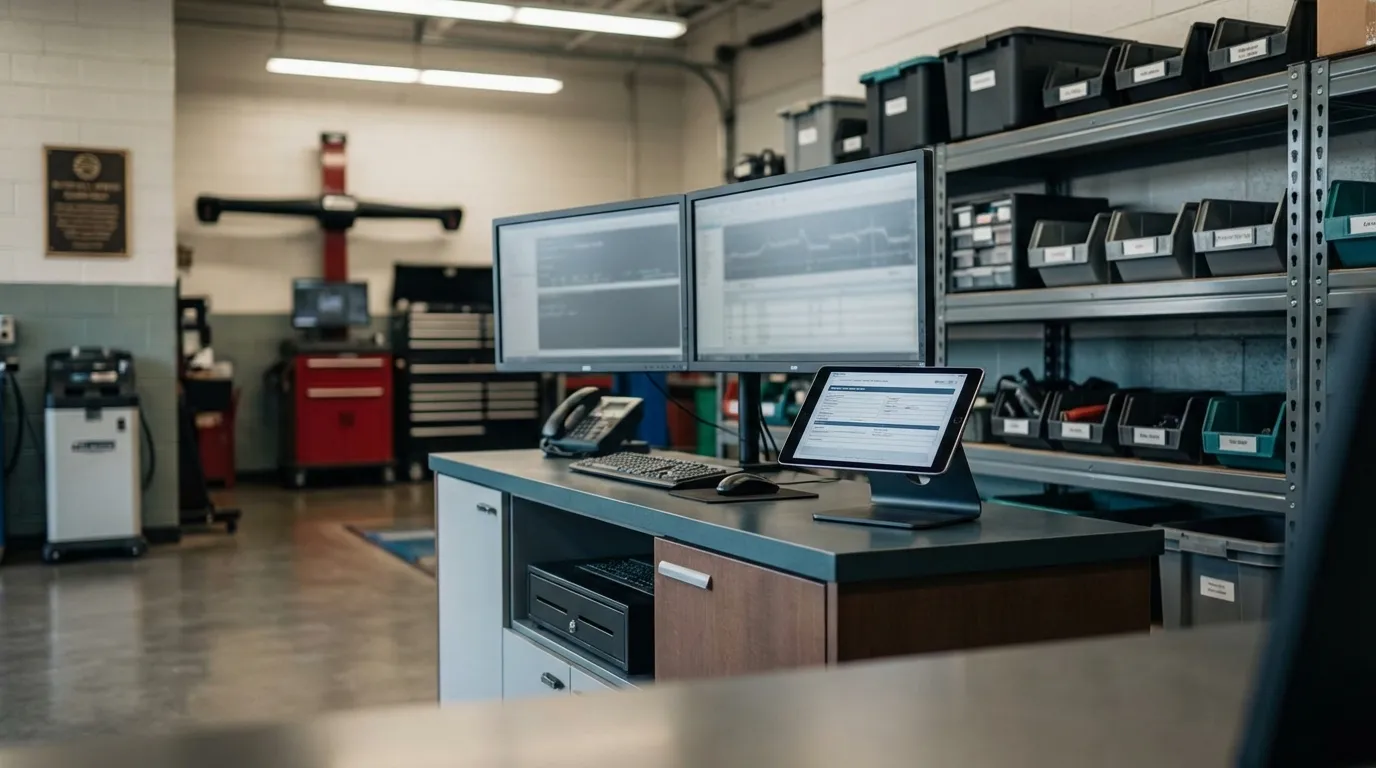 Professional independent auto repair garage with open service bays in a Houston, TX neighborhood