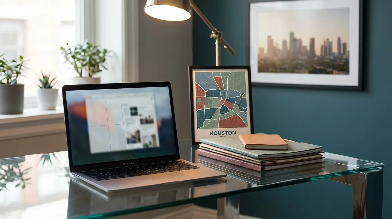 Professional real estate agent's modern home office with Houston, TX neighborhood map and property listings