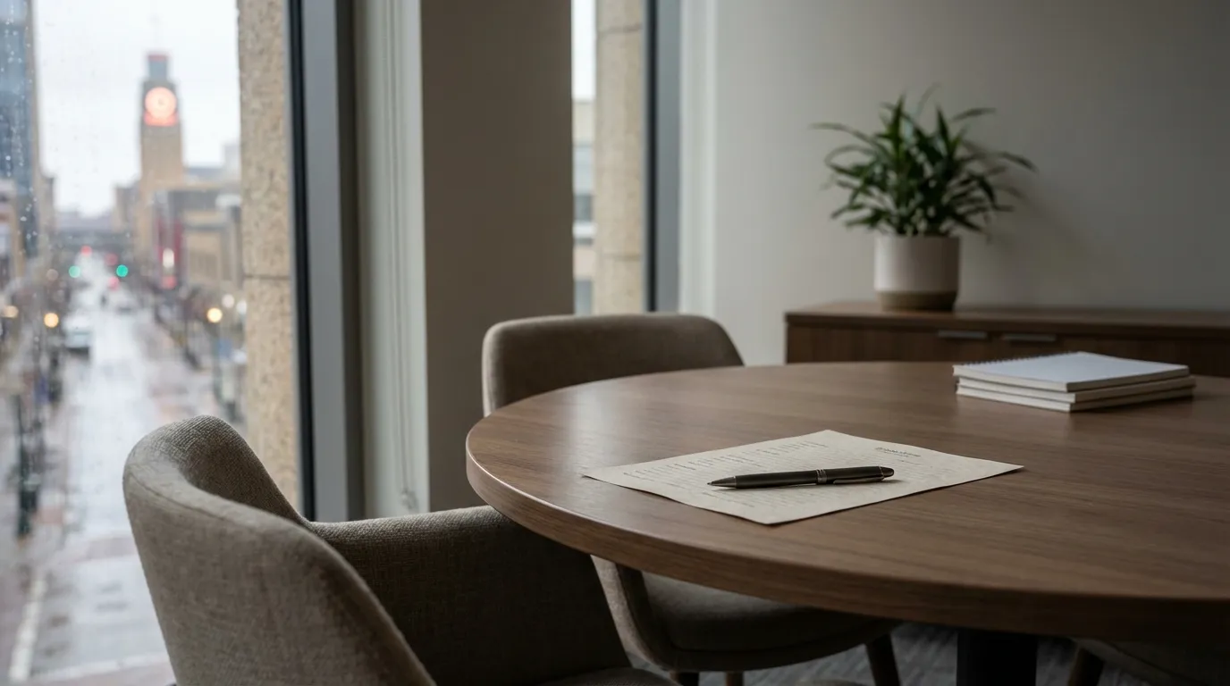 Professional law office consultation room in downtown Minneapolis with Stone Arch Bridge view