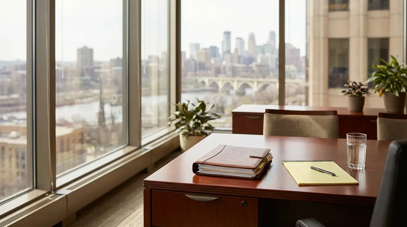 Professional law office consultation room in downtown Minneapolis with Stone Arch Bridge view