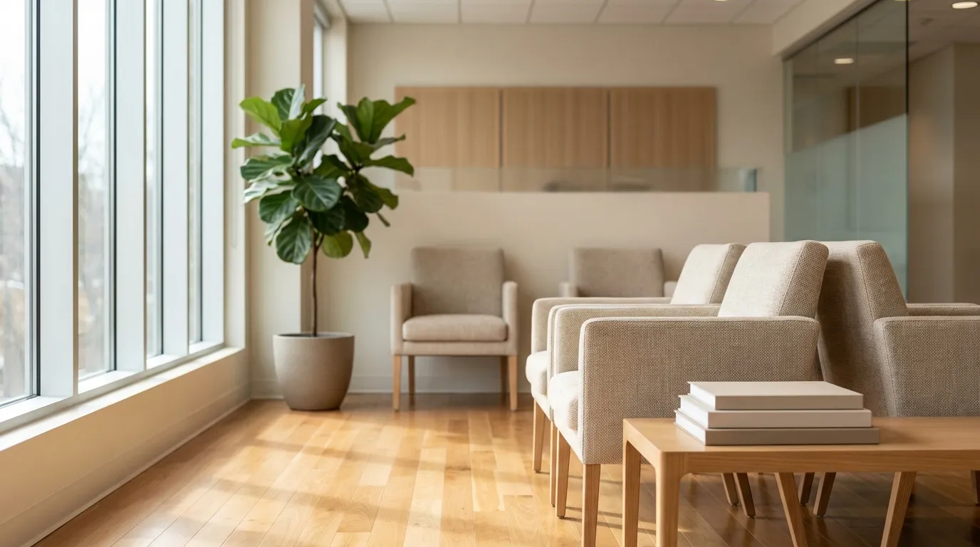 Modern healthcare practice waiting room in Minneapolis with natural light and professional medical consultation setting