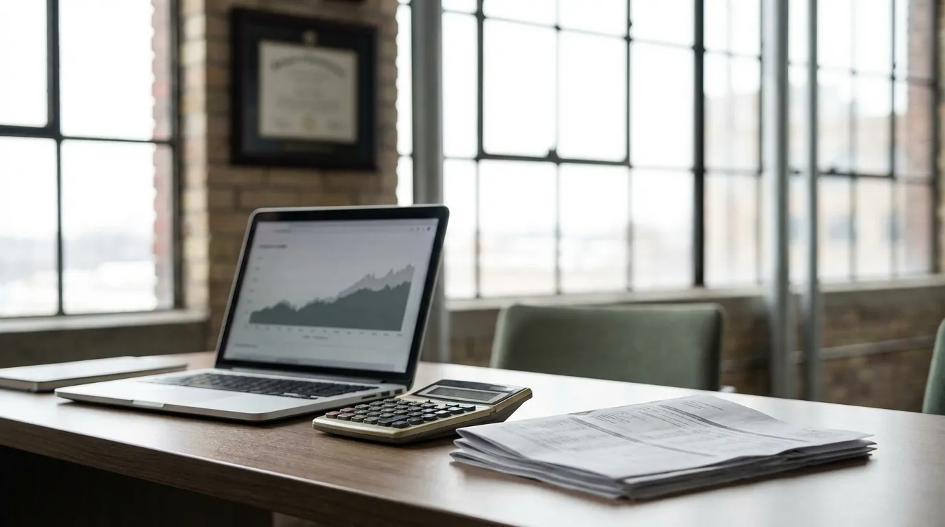 Professional financial advisor office in Minneapolis high-rise with city skyline view and portfolio planning materials