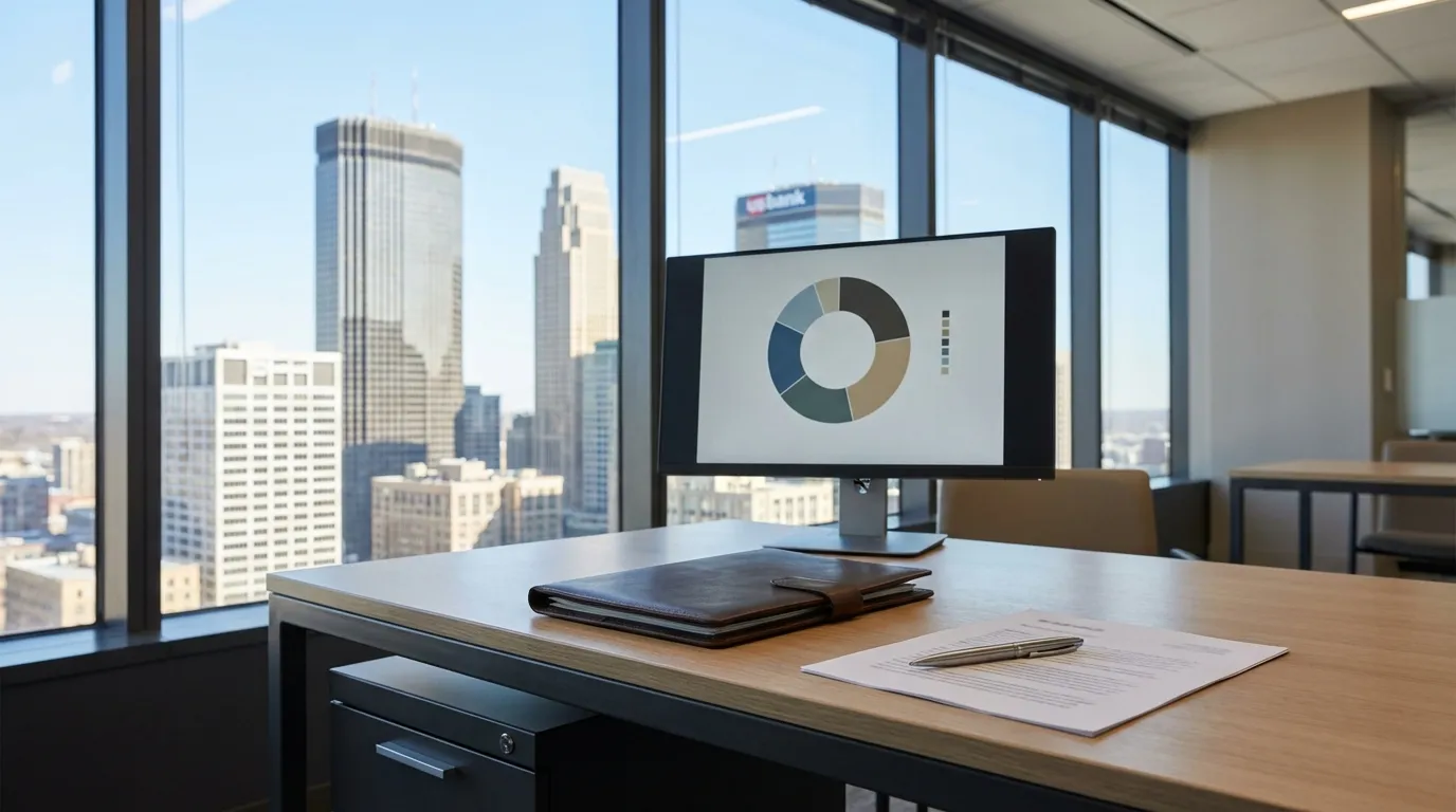 Professional financial advisor office in Minneapolis high-rise with city skyline view and portfolio planning materials