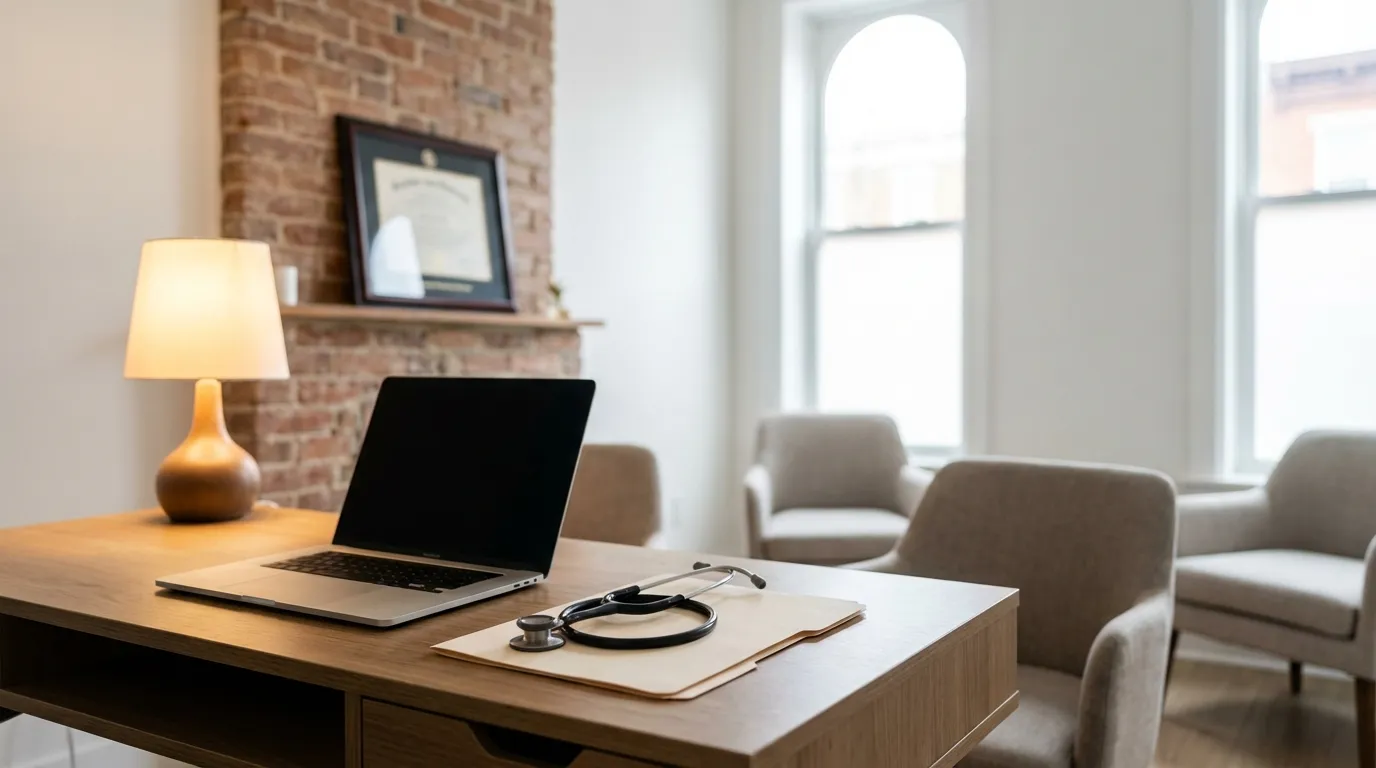 Modern independent medical practice waiting room in a Baltimore row house conversion with exposed brick and natural light