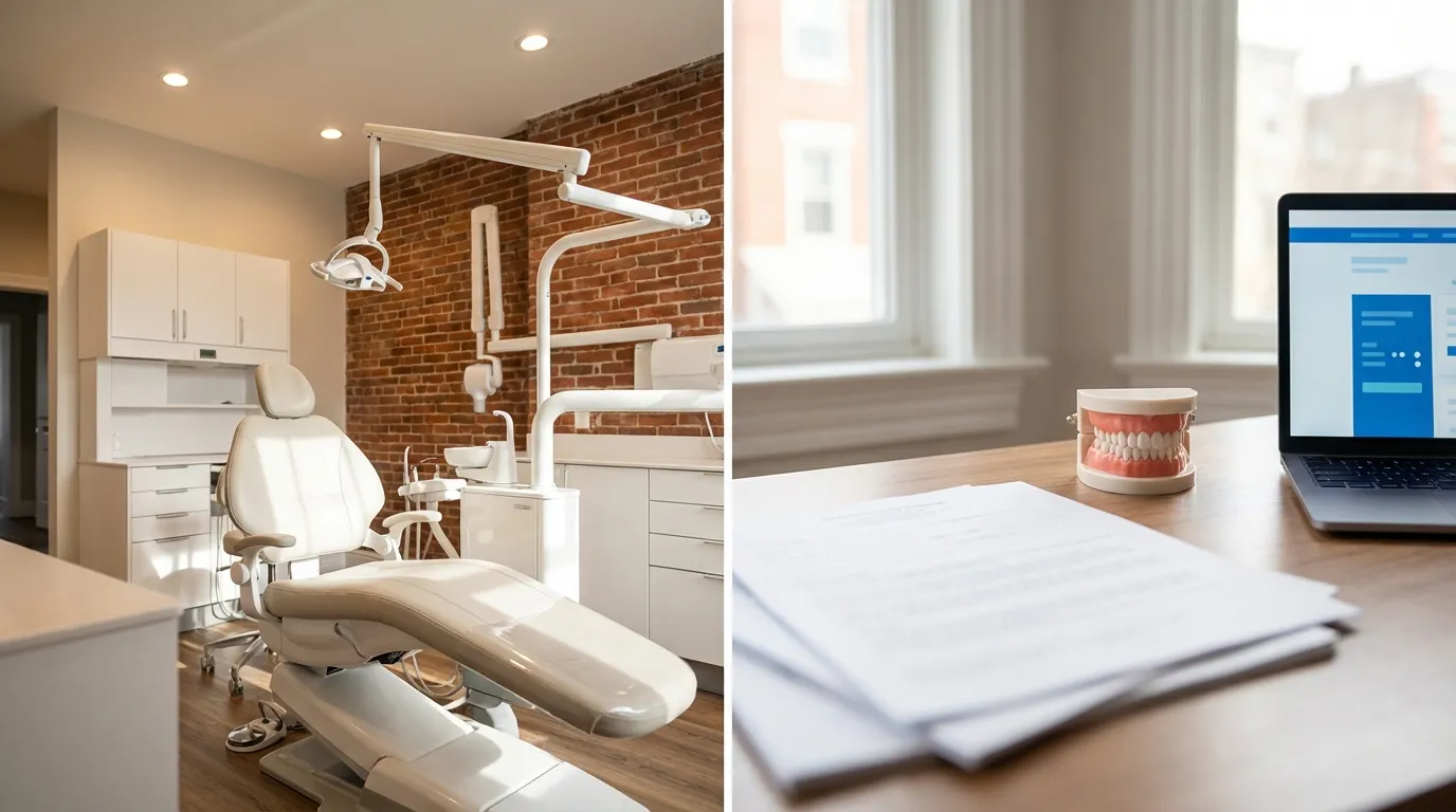 Modern dental operatory in a Baltimore row house practice conversion with natural light and clean white cabinetry