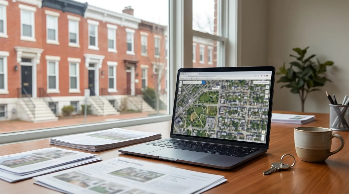 Classic Baltimore row house with marble steps and iron railing on a Federal Hill tree-lined street under soft overcast light
