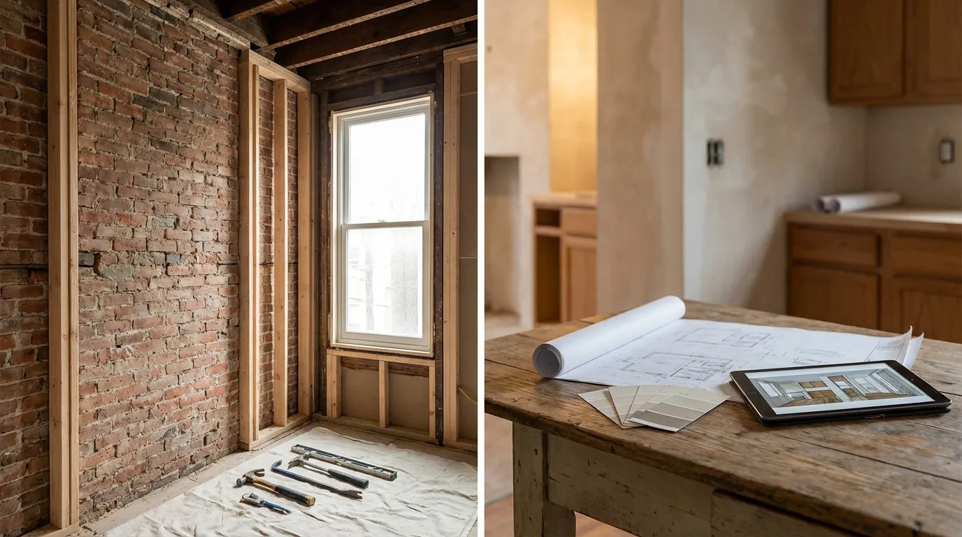 Baltimore row house kitchen renovation in progress — exposed brick wall, new cabinetry framing, morning overcast light through tall windows