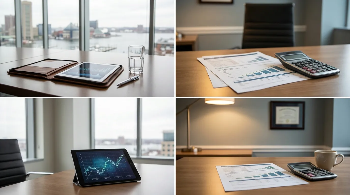 Financial advisor workspace with Baltimore Inner Harbor view through floor-to-ceiling windows, portfolio materials and tablet on a conference table