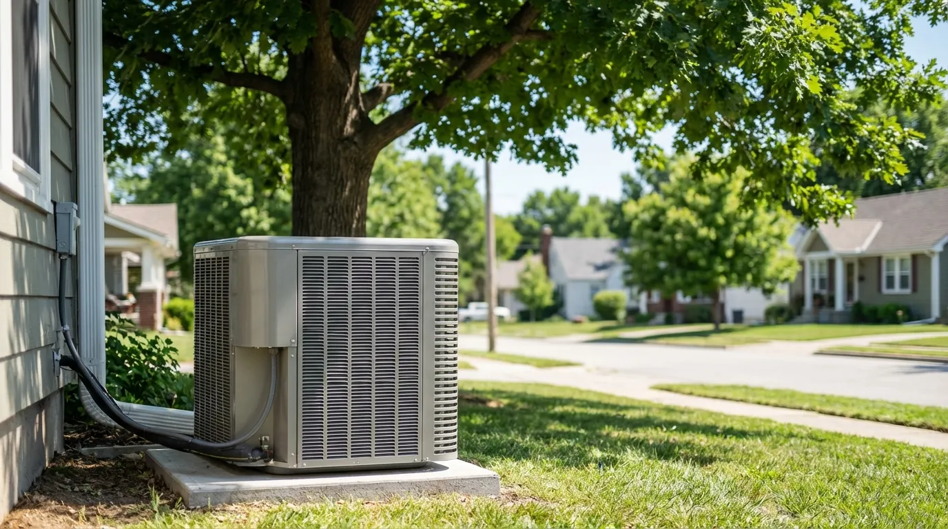 Modern HVAC condenser unit beside a Kansas City Craftsman bungalow under a clear Midwest summer sky