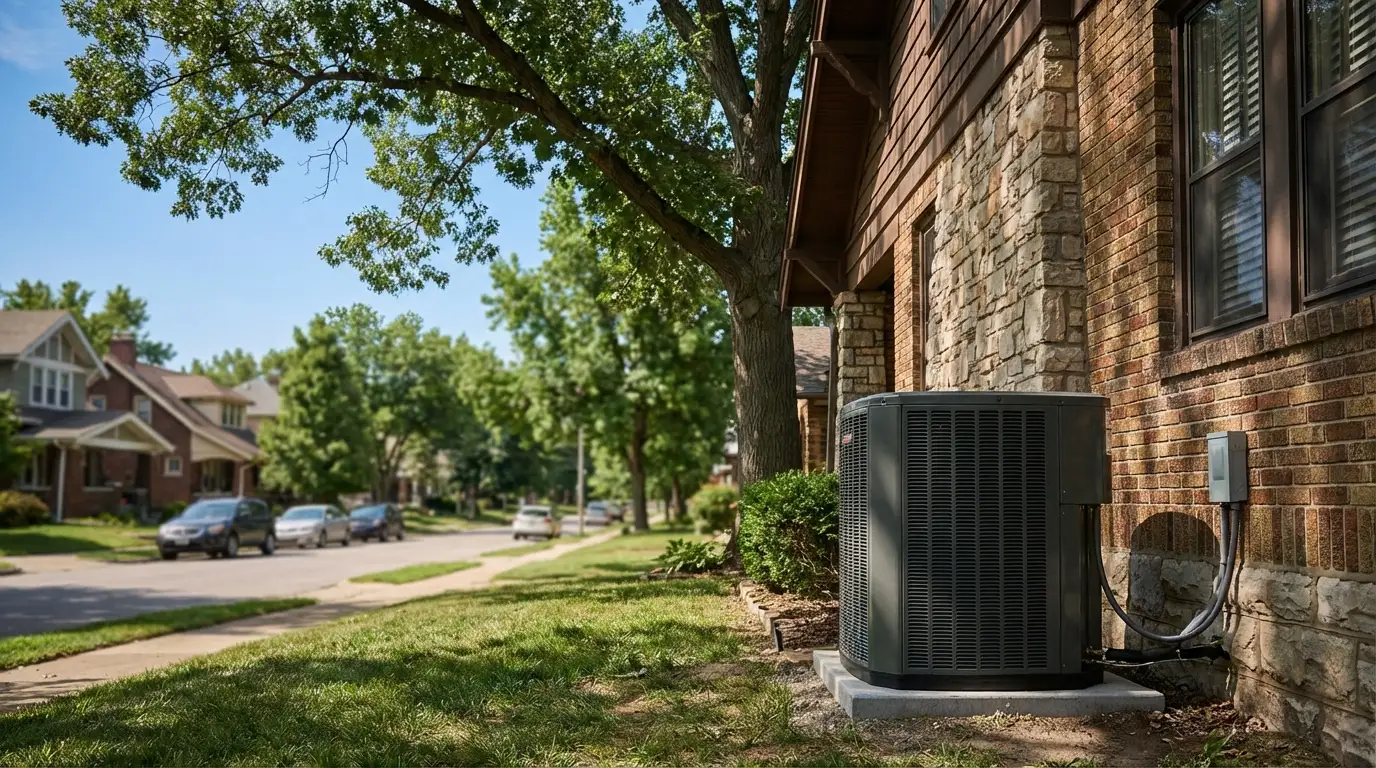 Modern HVAC condenser unit beside a Kansas City Craftsman bungalow under a clear Midwest summer sky