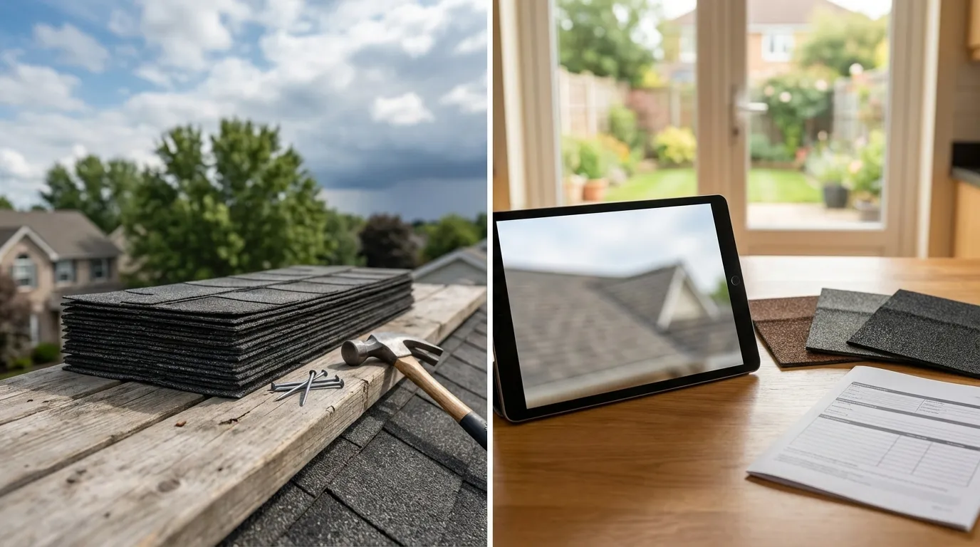 Roofing crew installing asphalt shingles on a Kansas City suburban home under building storm clouds on the Midwest horizon