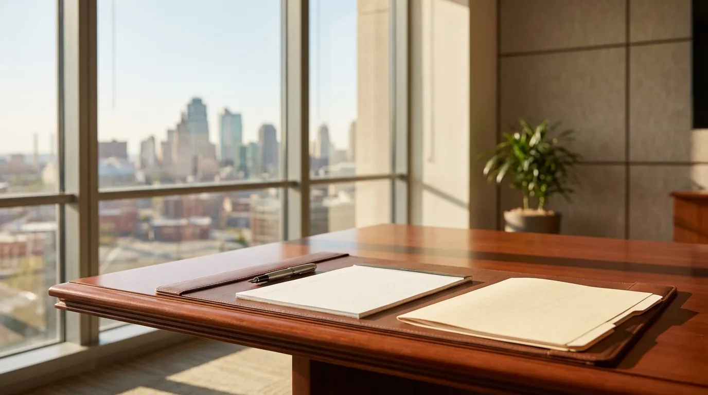 Kansas City federal courthouse limestone facade under clear Midwest blue sky with American flag in background