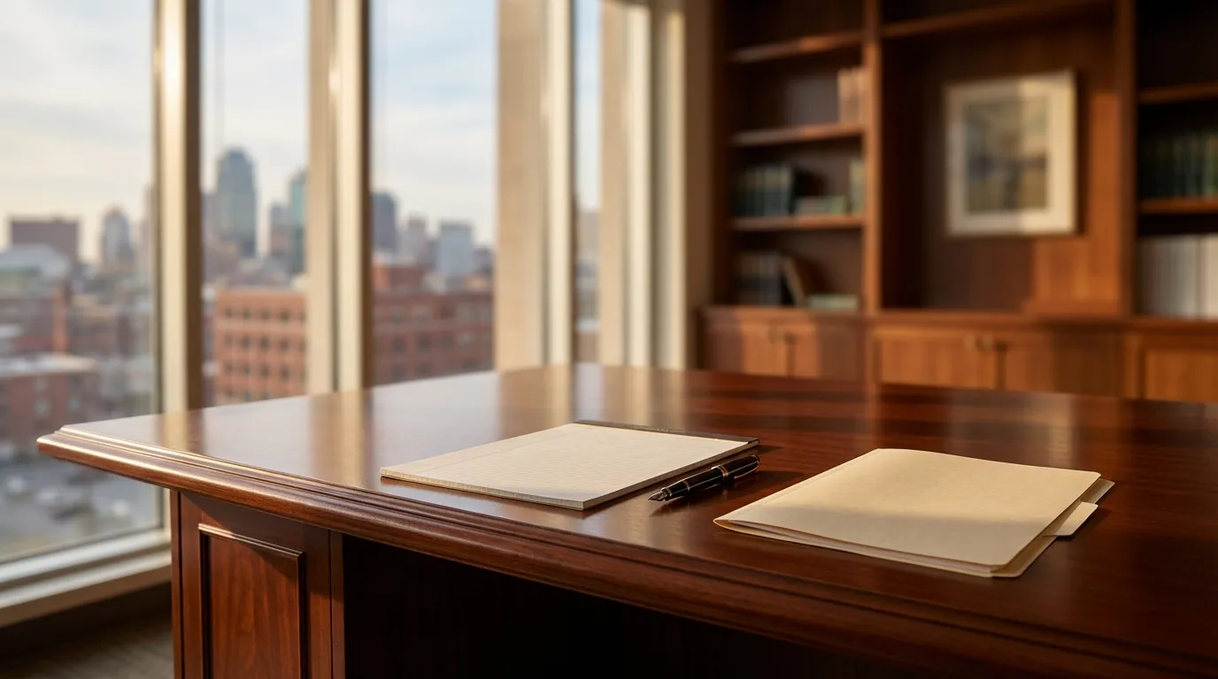 Kansas City federal courthouse limestone facade under clear Midwest blue sky with American flag in background
