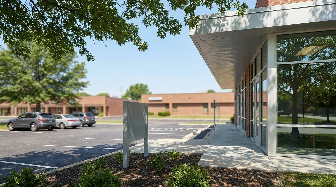 Modern independent medical practice entrance in a Kansas City suburb with large windows and clear Midwest blue sky