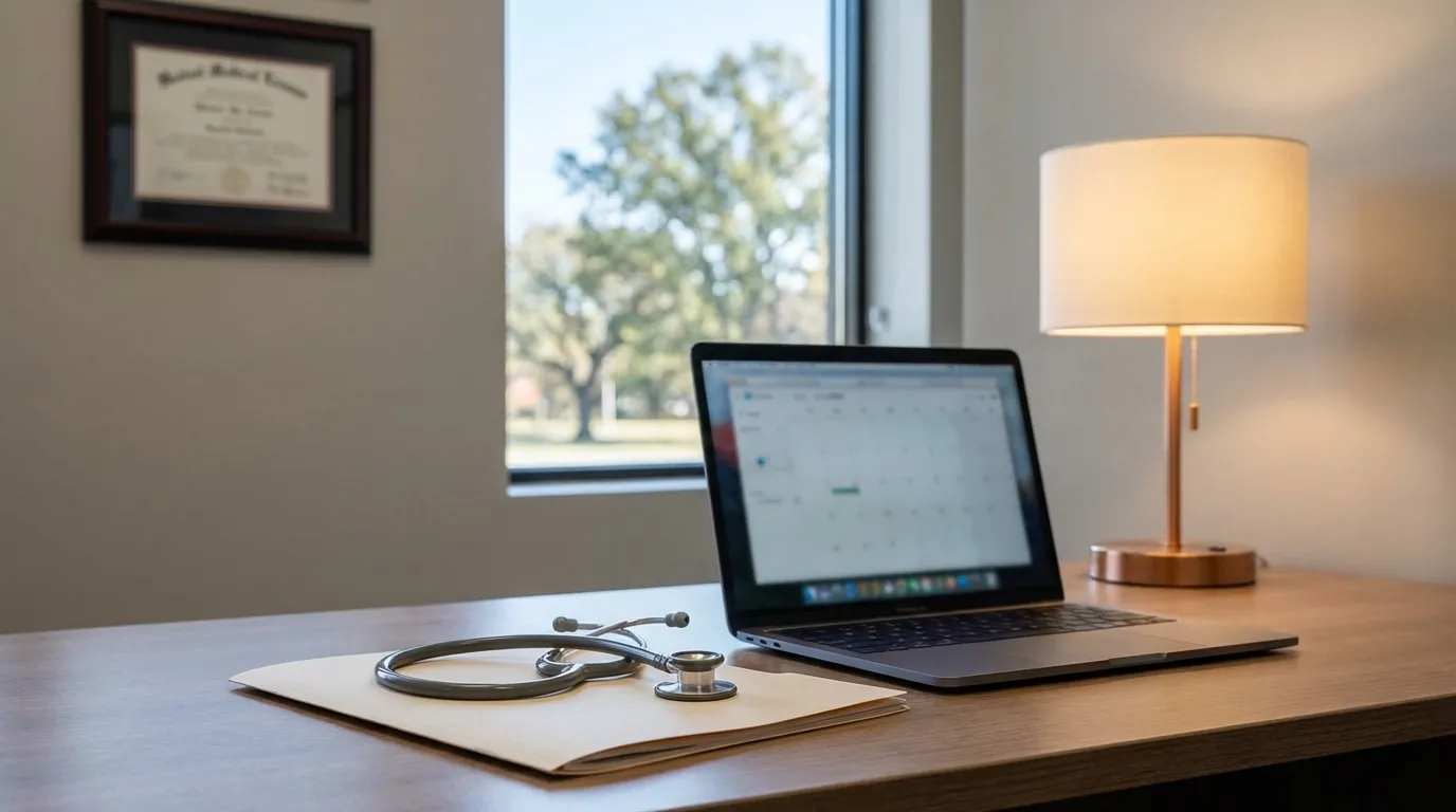 Modern independent medical practice entrance in a Kansas City suburb with large windows and clear Midwest blue sky