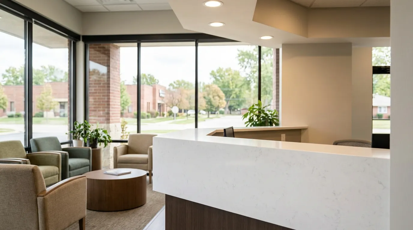 Modern Kansas City suburban dental practice waiting room with natural light and clean contemporary design