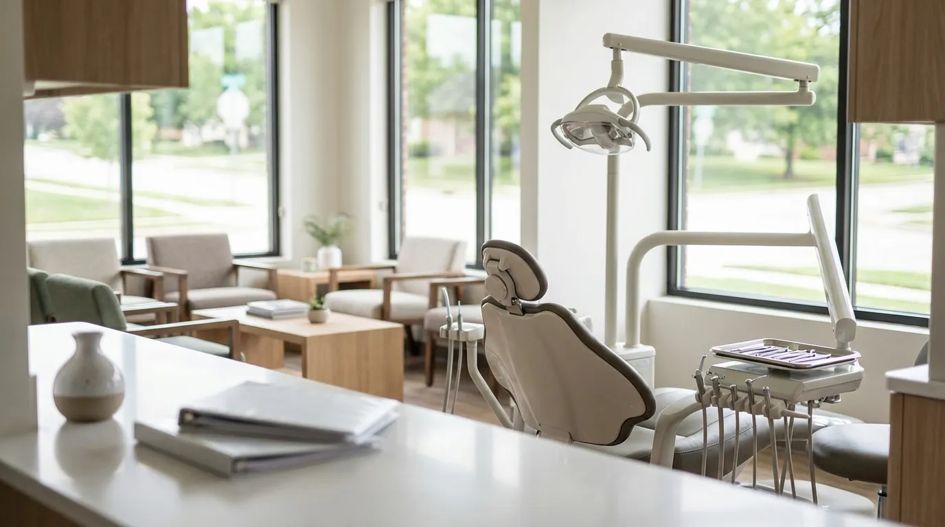 Modern Kansas City suburban dental practice waiting room with natural light and clean contemporary design