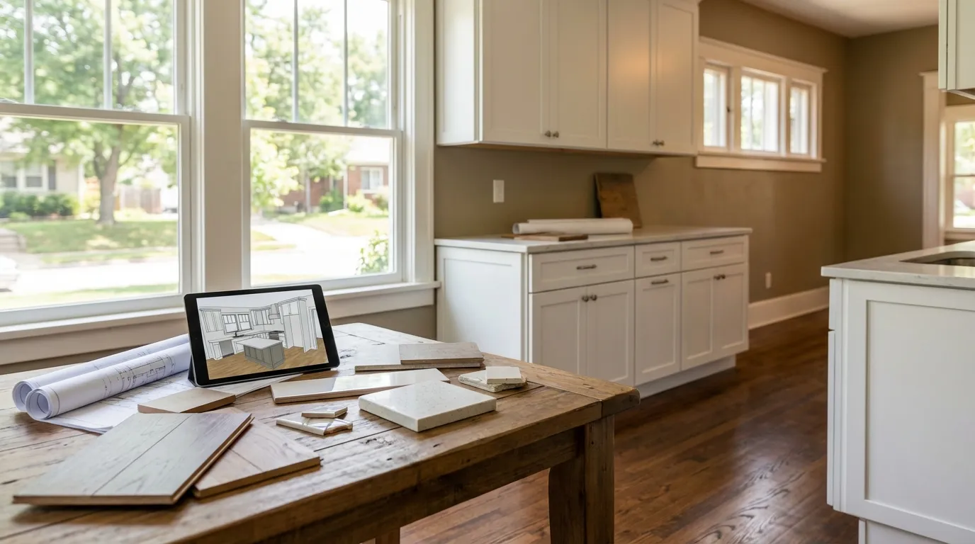 Kitchen renovation in a Kansas City Craftsman bungalow with original hardwood floors and new white shaker cabinets