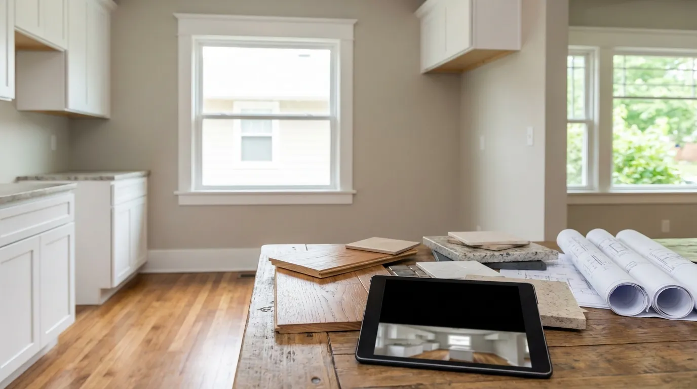 Kitchen renovation in a Kansas City Craftsman bungalow with original hardwood floors and new white shaker cabinets