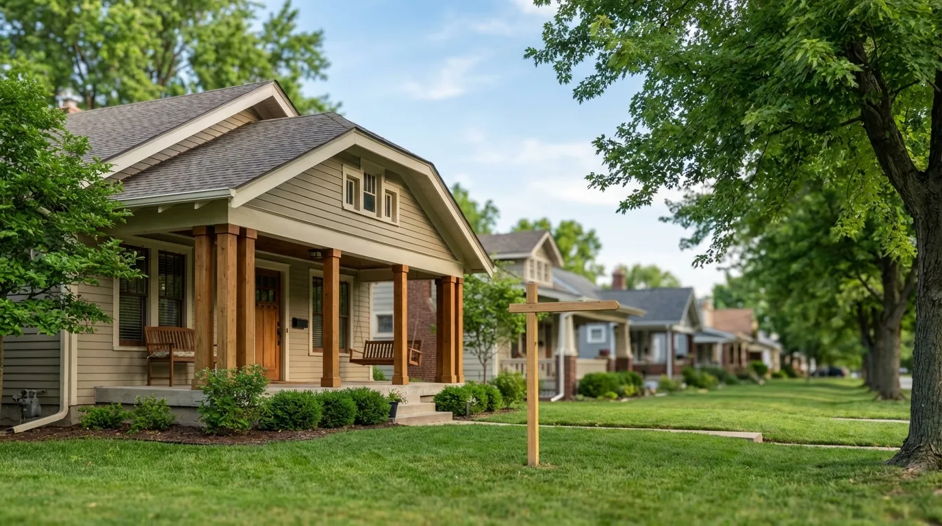 Classic Kansas City Craftsman bungalow in Brookside or Waldo with tree-lined boulevard and for sale sign under clear Midwest sky