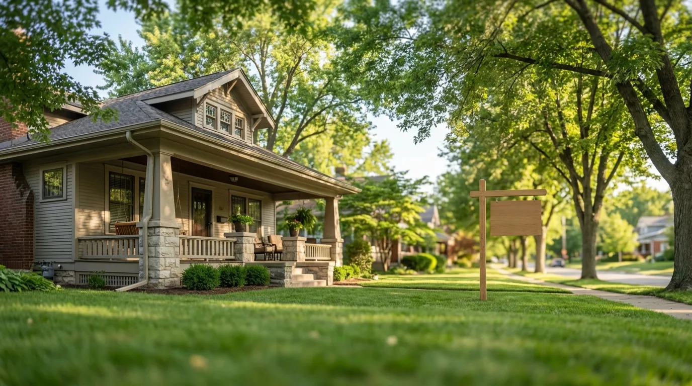 Classic Kansas City Craftsman bungalow in Brookside or Waldo with tree-lined boulevard and for sale sign under clear Midwest sky