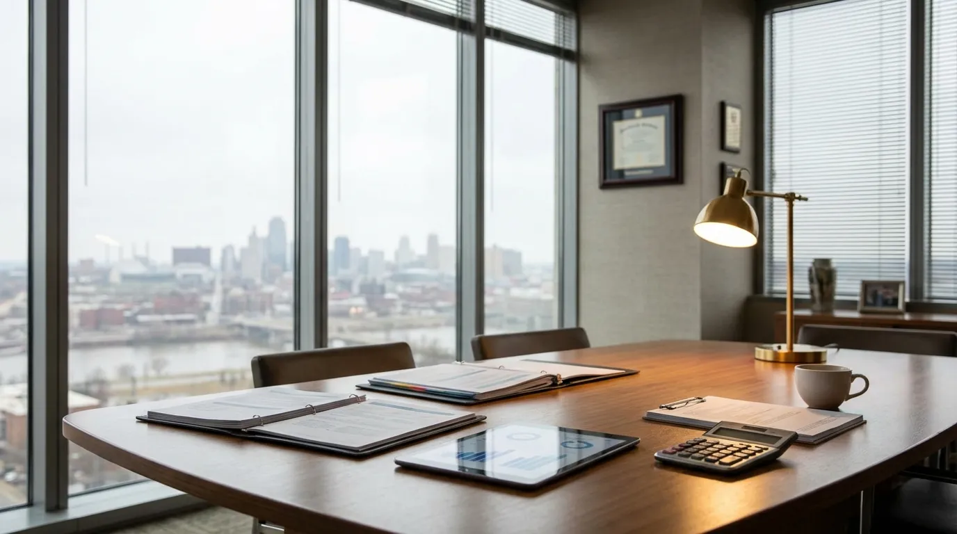 Modern Kansas City financial advisory office with skyline view and the Missouri River visible through floor-to-ceiling windows