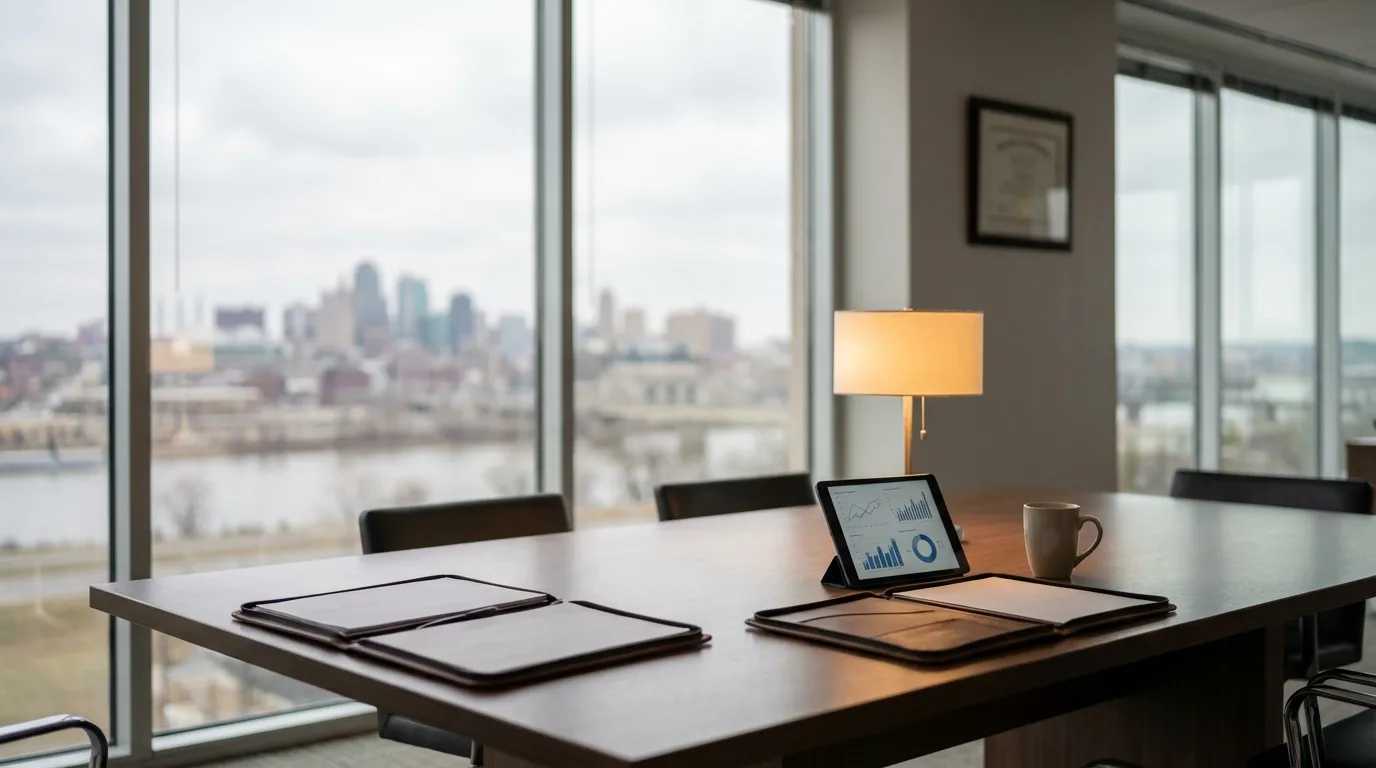 Modern Kansas City financial advisory office with skyline view and the Missouri River visible through floor-to-ceiling windows
