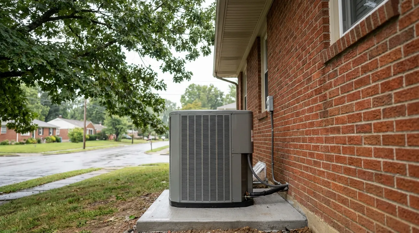 New high-efficiency HVAC unit installed beside a Louisville brick bungalow under soft Ohio River valley overcast sky