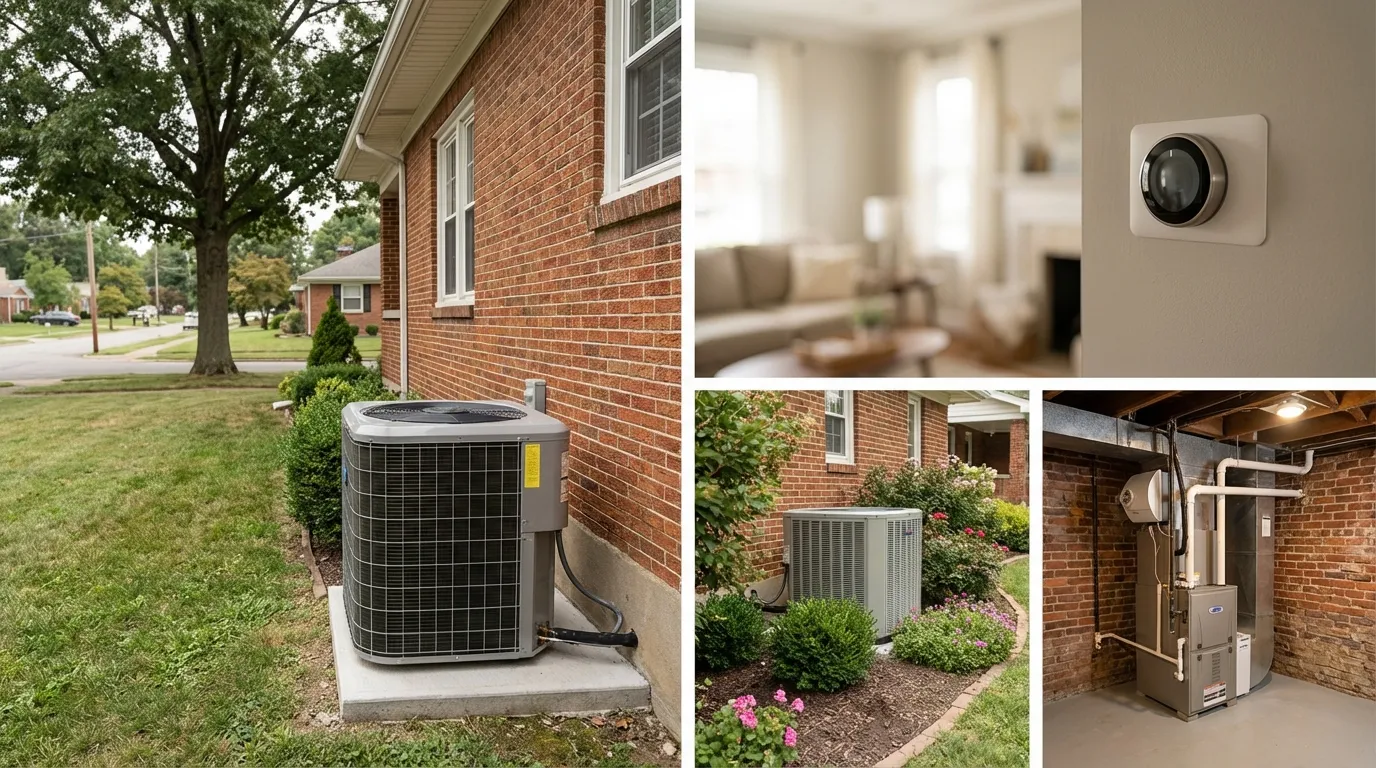 New high-efficiency HVAC unit installed beside a Louisville brick bungalow under soft Ohio River valley overcast sky