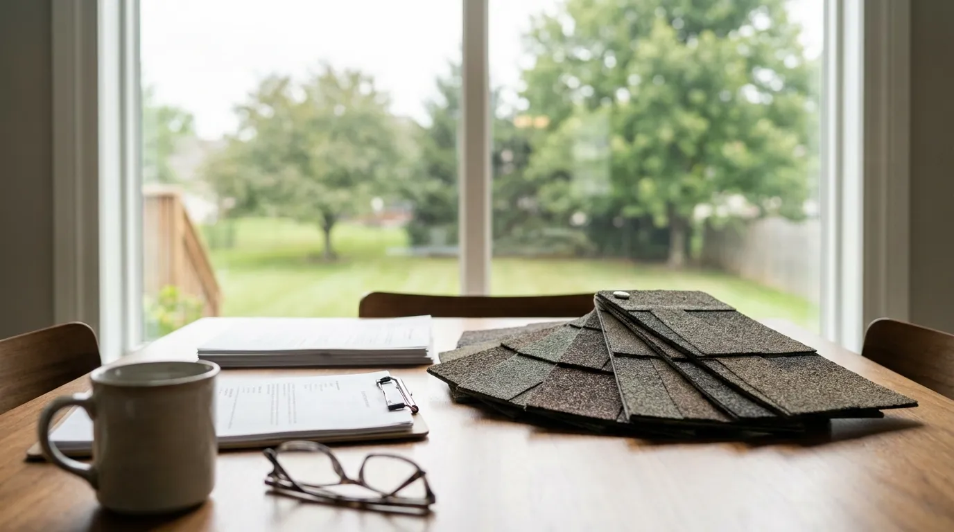 Roofing crew installing architectural shingles on a Louisville-area home under soft Ohio River valley overcast sky